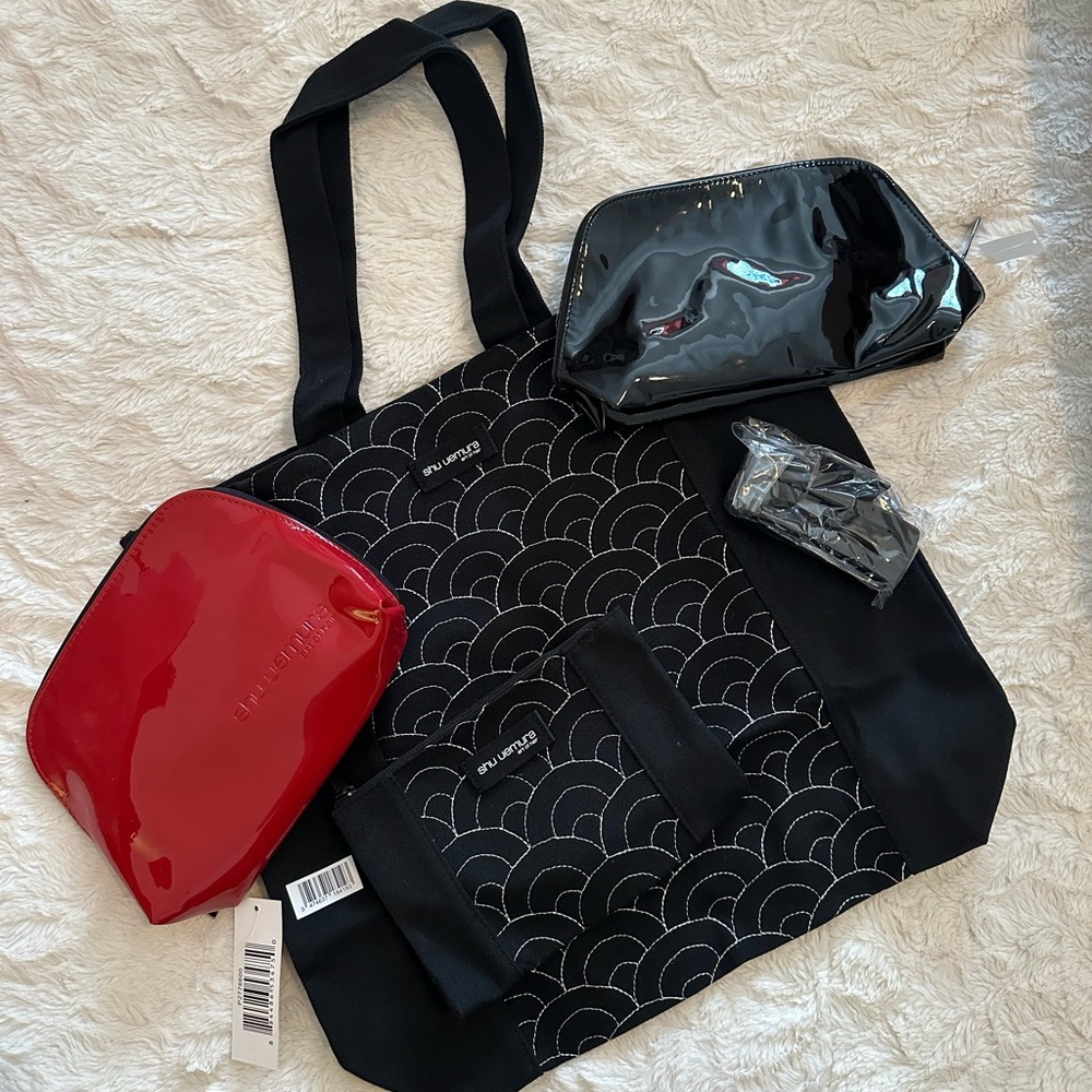 Shu Uemura Black Tote and matching bag, Glossy Red and Black Pouches & hairclip